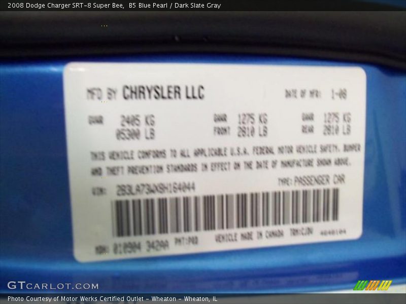 2008 Charger SRT-8 Super Bee B5 Blue Pearl Color Code PQD