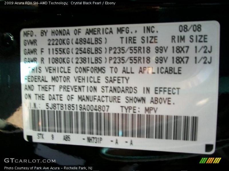 2009 RDX SH-AWD Technology Crystal Black Pearl Color Code NH731P
