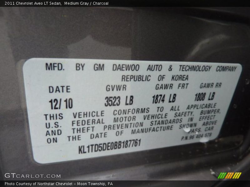 Info Tag of 2011 Aveo LT Sedan