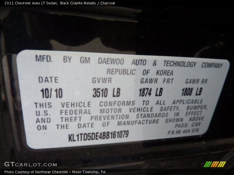 Info Tag of 2011 Aveo LT Sedan