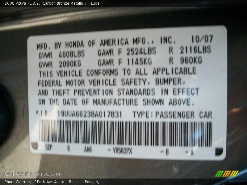 Carbon Bronze Metallic / Taupe 2008 Acura TL 3.2