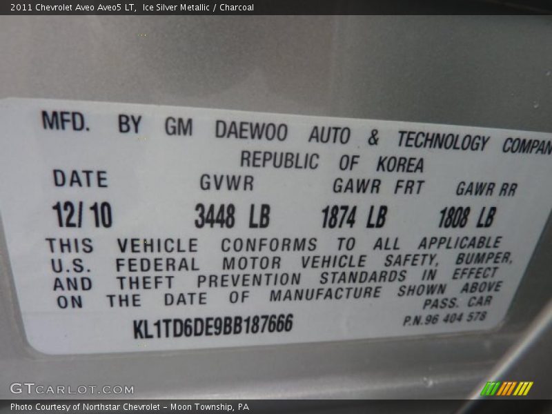 Info Tag of 2011 Aveo Aveo5 LT
