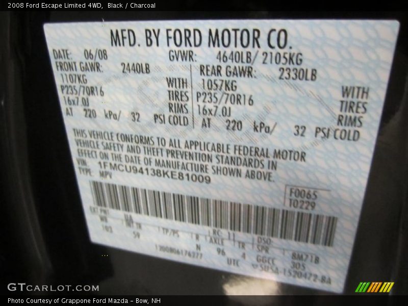 Black / Charcoal 2008 Ford Escape Limited 4WD