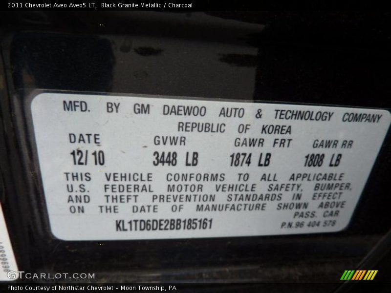 Info Tag of 2011 Aveo Aveo5 LT