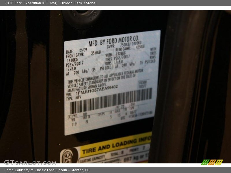 2010 Expedition XLT 4x4 Tuxedo Black Color Code UH