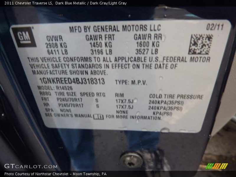 Dark Blue Metallic / Dark Gray/Light Gray 2011 Chevrolet Traverse LS