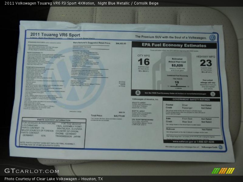  2011 Touareg VR6 FSI Sport 4XMotion Window Sticker