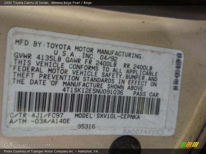 Almond Beige Pearl / Beige 1992 Toyota Camry LE Sedan