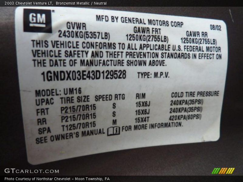 Info Tag of 2003 Venture LT