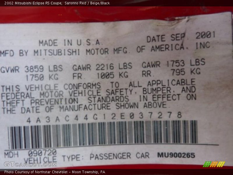 Saronno Red / Beige/Black 2002 Mitsubishi Eclipse RS Coupe
