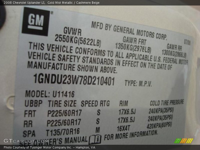 Gold Mist Metallic / Cashmere Beige 2008 Chevrolet Uplander LS