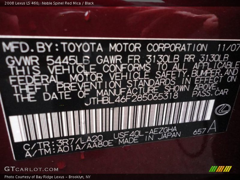 2008 LS 460 Noble Spinel Red Mica Color Code 3R7