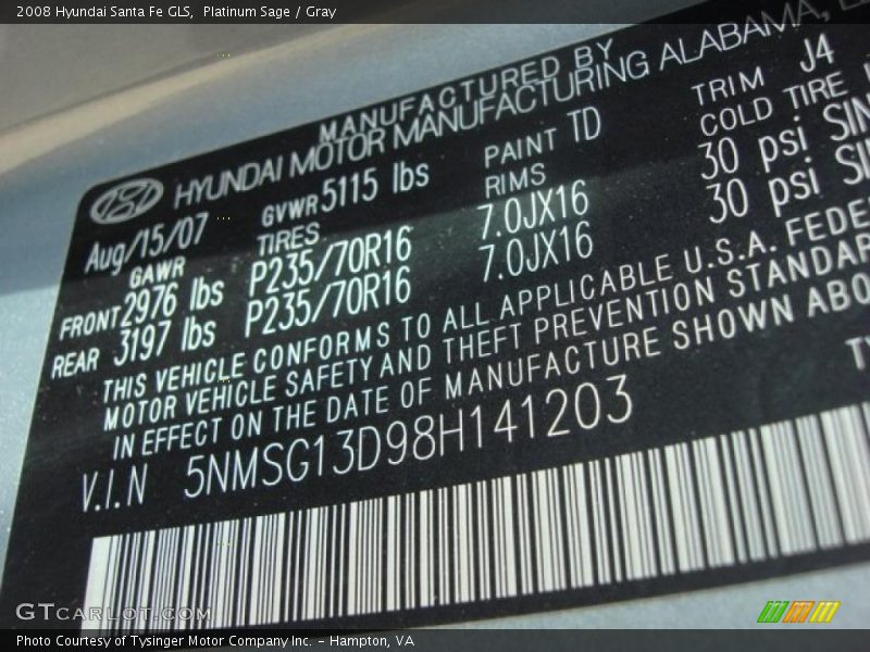 Platinum Sage / Gray 2008 Hyundai Santa Fe GLS