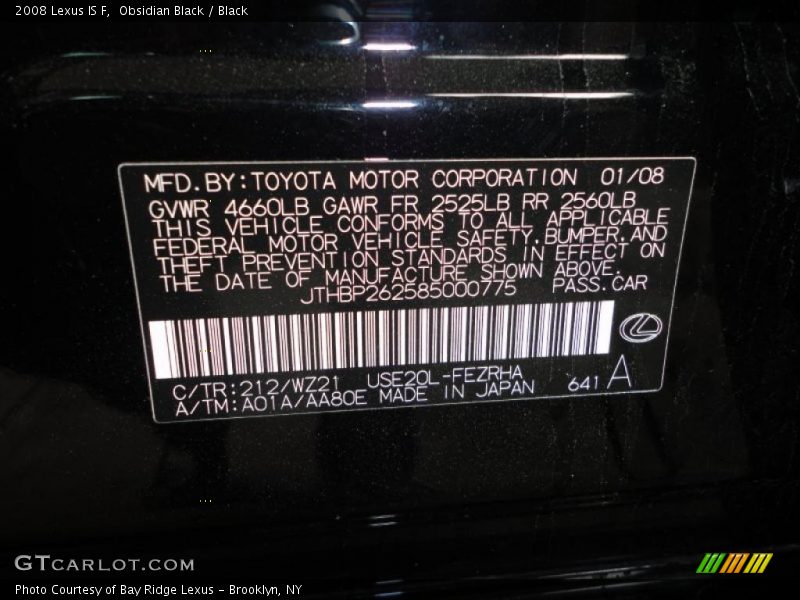2008 IS F Obsidian Black Color Code 212