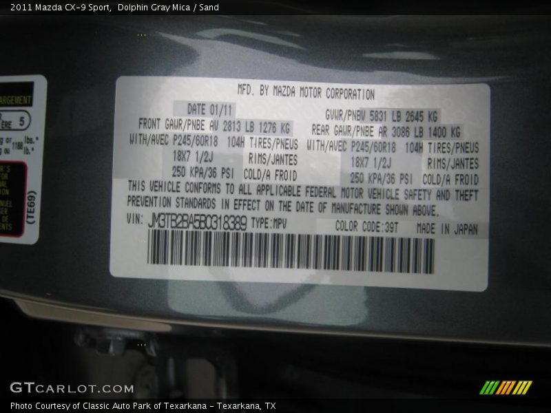 2011 CX-9 Sport Dolphin Gray Mica Color Code 39T