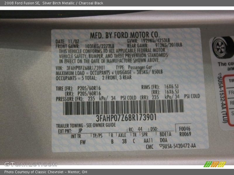 Silver Birch Metallic / Charcoal Black 2008 Ford Fusion SE