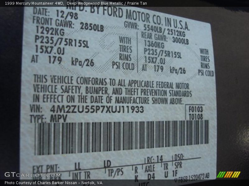 Deep Wedgewood Blue Metallic / Prairie Tan 1999 Mercury Mountaineer 4WD