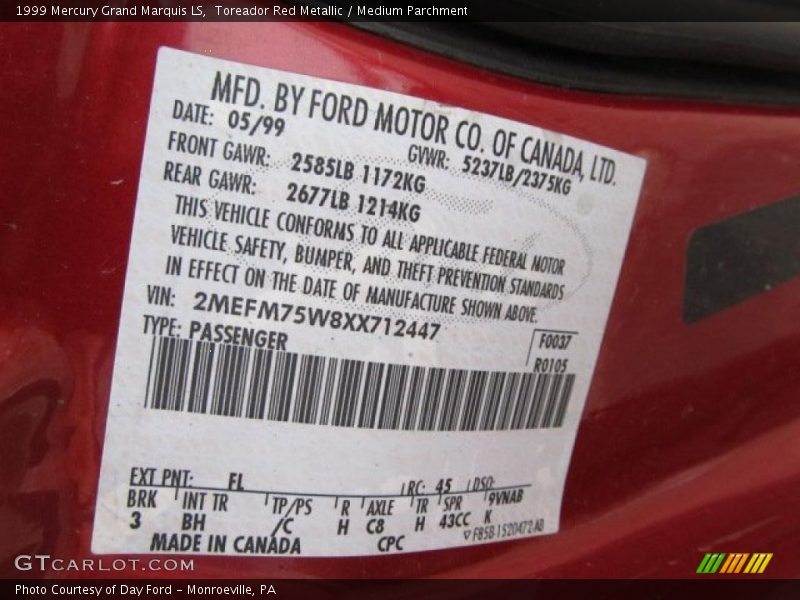 Toreador Red Metallic / Medium Parchment 1999 Mercury Grand Marquis LS