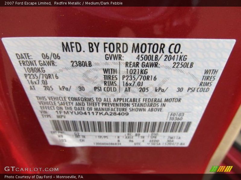 Info Tag of 2007 Escape Limited