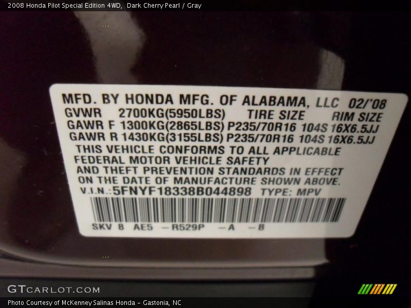 Dark Cherry Pearl / Gray 2008 Honda Pilot Special Edition 4WD