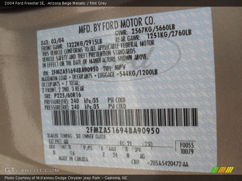 Arizona Beige Metallic / Flint Grey 2004 Ford Freestar SE