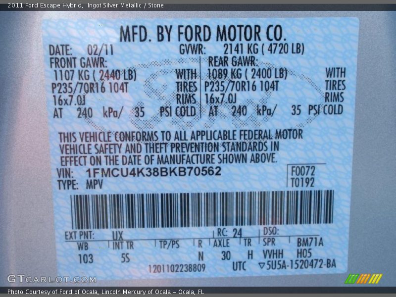 2011 Escape Hybrid Ingot Silver Metallic Color Code UX