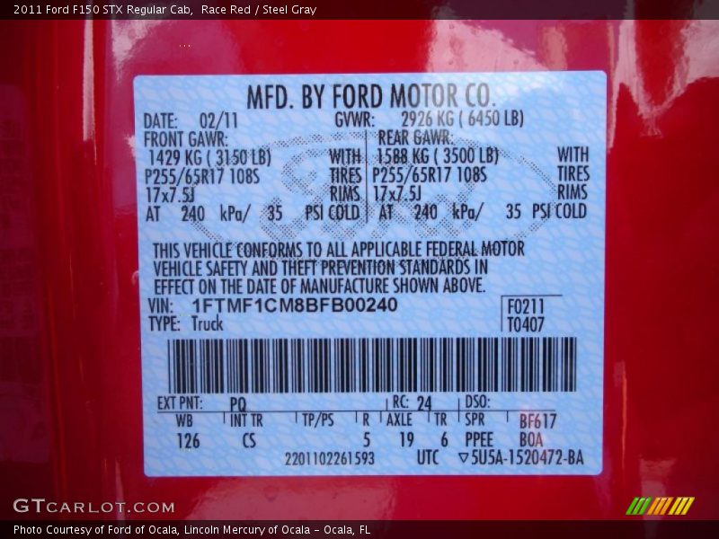 2011 F150 STX Regular Cab Race Red Color Code PQ