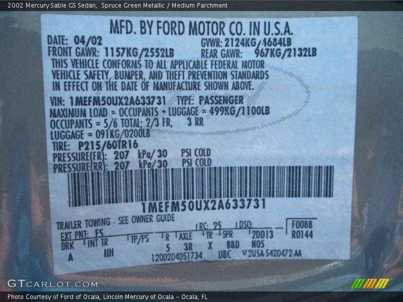 Spruce Green Metallic / Medium Parchment 2002 Mercury Sable GS Sedan