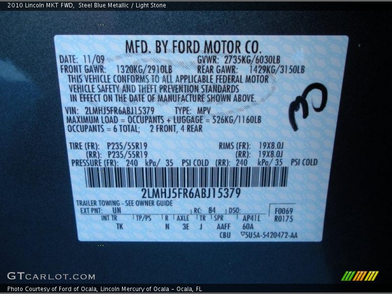 2010 MKT FWD Steel Blue Metallic Color Code UN