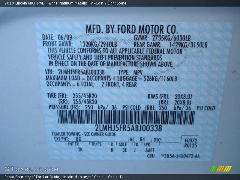 2010 MKT FWD White Platinum Metallic Tri-Coat Color Code UG