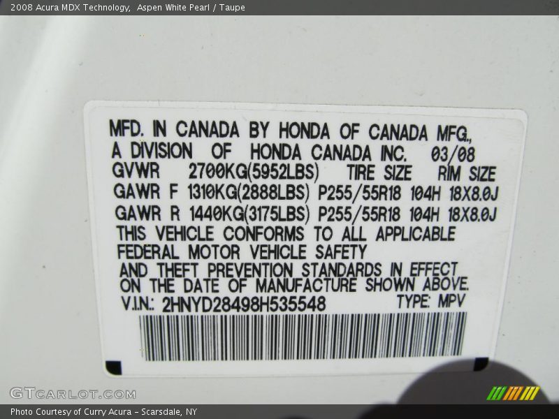 Aspen White Pearl / Taupe 2008 Acura MDX Technology