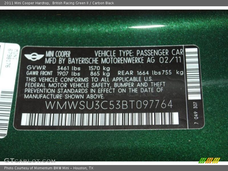 British Racing Green II / Carbon Black 2011 Mini Cooper Hardtop