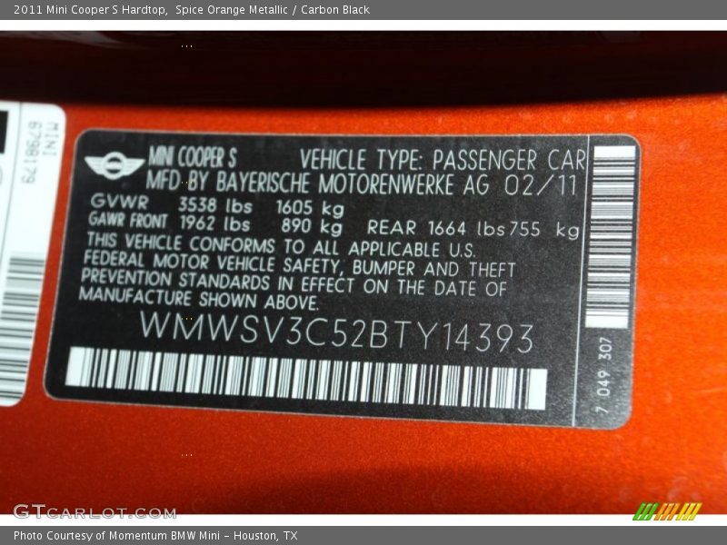 Spice Orange Metallic / Carbon Black 2011 Mini Cooper S Hardtop