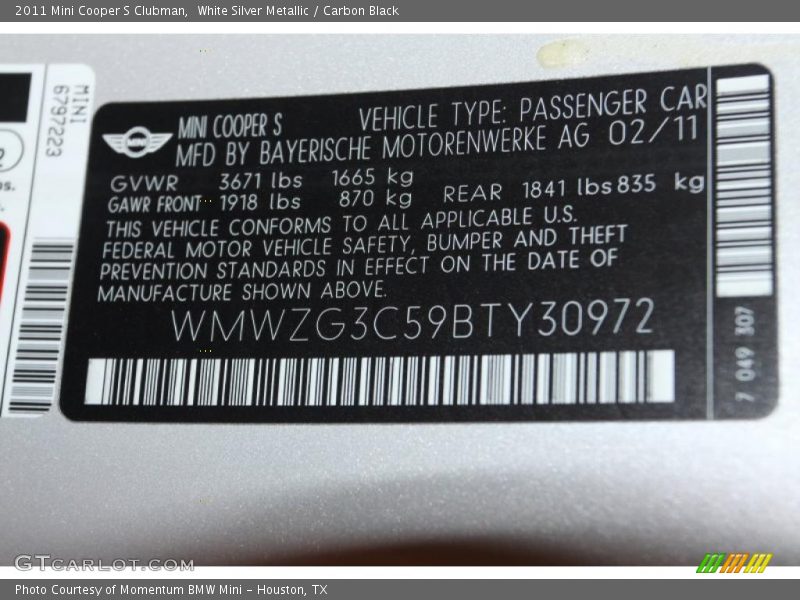White Silver Metallic / Carbon Black 2011 Mini Cooper S Clubman