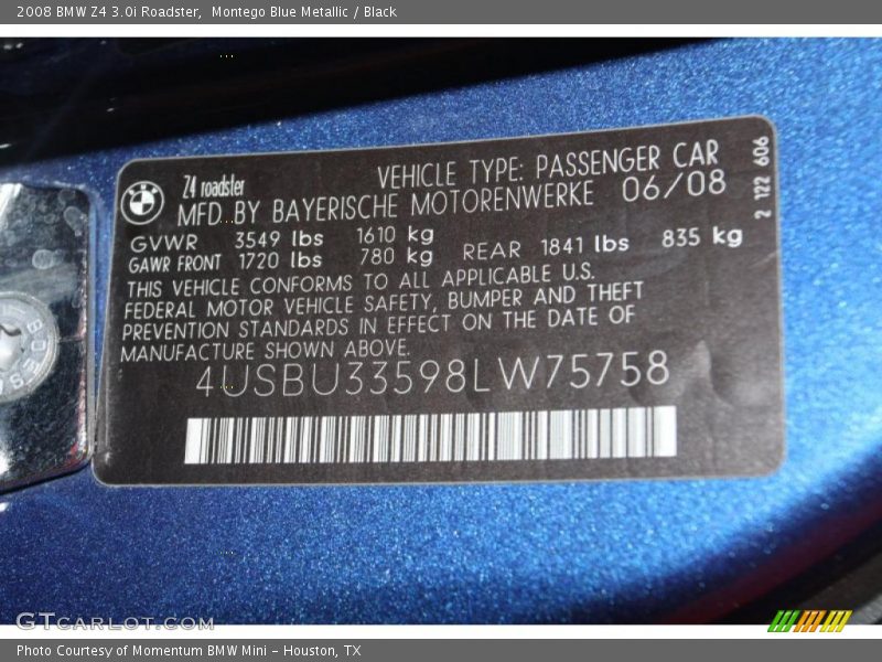 Montego Blue Metallic / Black 2008 BMW Z4 3.0i Roadster