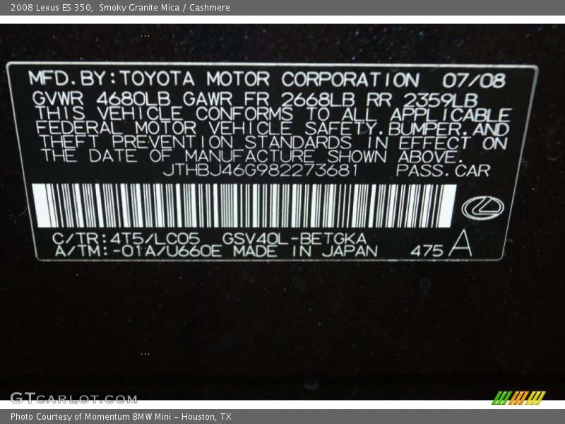 Smoky Granite Mica / Cashmere 2008 Lexus ES 350