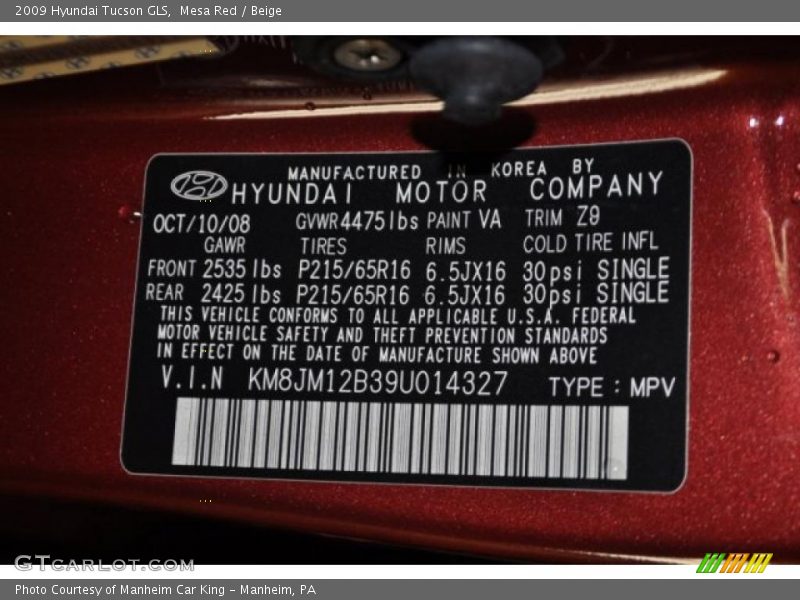 Mesa Red / Beige 2009 Hyundai Tucson GLS