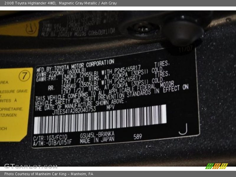 Magnetic Gray Metallic / Ash Gray 2008 Toyota Highlander 4WD