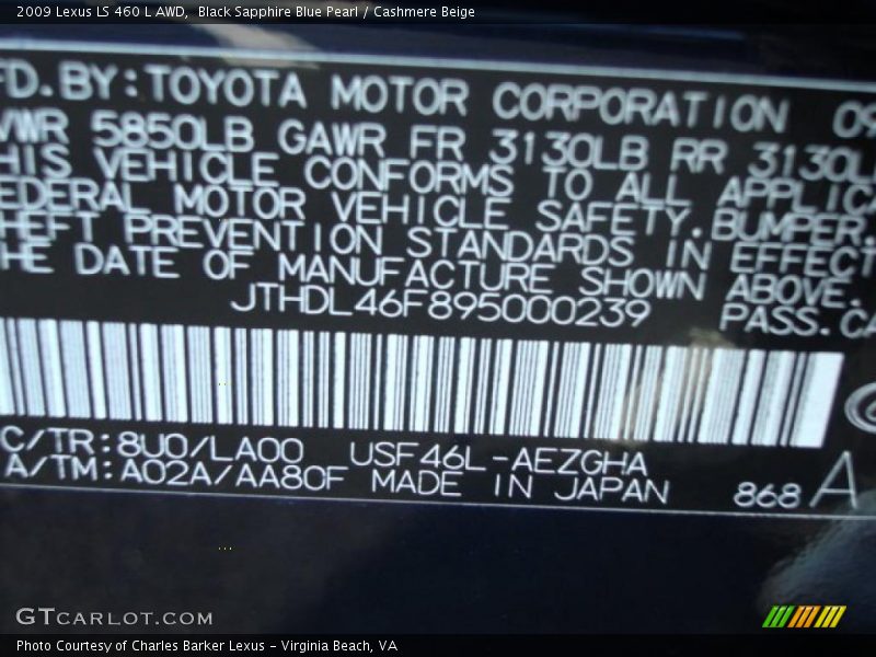 2009 LS 460 L AWD Black Sapphire Blue Pearl Color Code 8U0