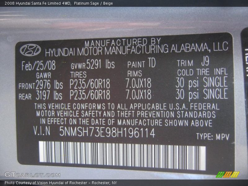 Platinum Sage / Beige 2008 Hyundai Santa Fe Limited 4WD