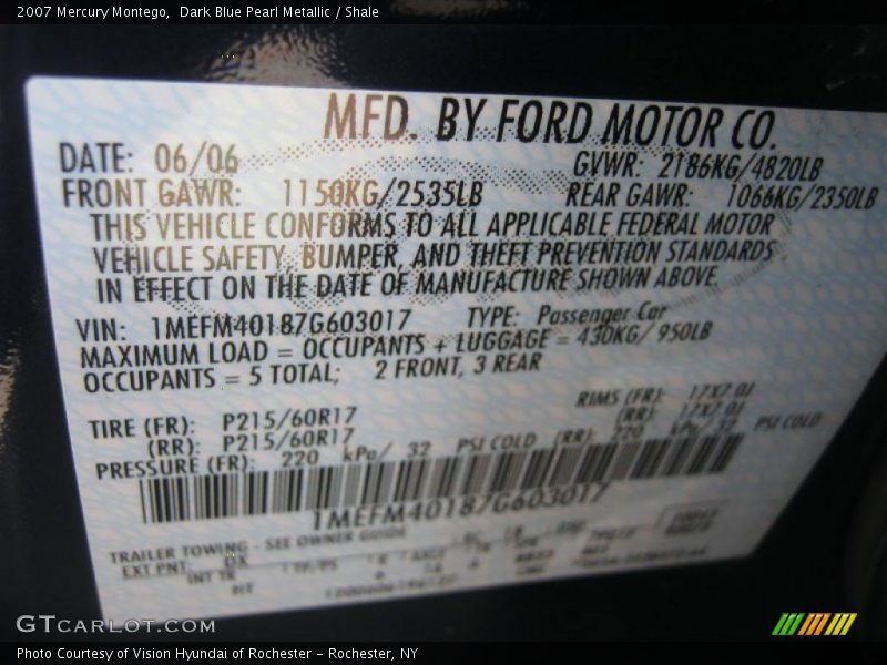 Dark Blue Pearl Metallic / Shale 2007 Mercury Montego