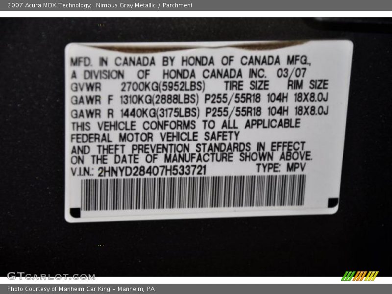Nimbus Gray Metallic / Parchment 2007 Acura MDX Technology