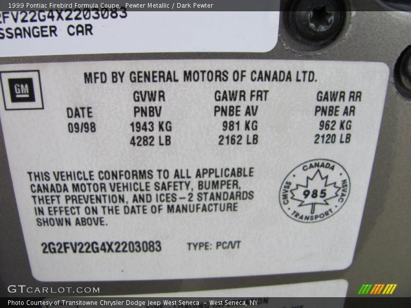 Info Tag of 1999 Firebird Formula Coupe