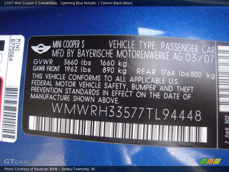 Lightning Blue Metallic / Carbon Black/Black 2007 Mini Cooper S Convertible