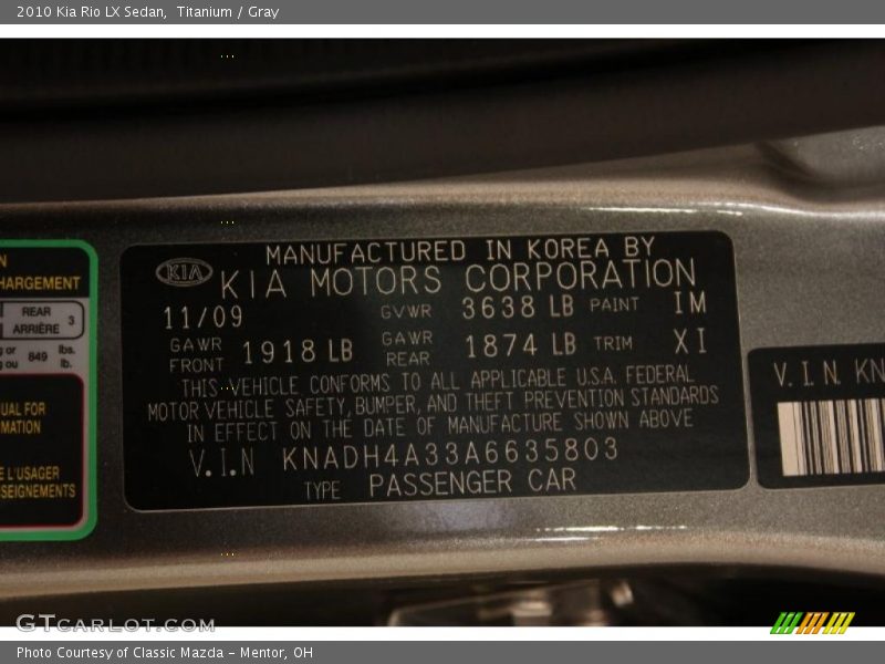 2010 Rio LX Sedan Titanium Color Code IM