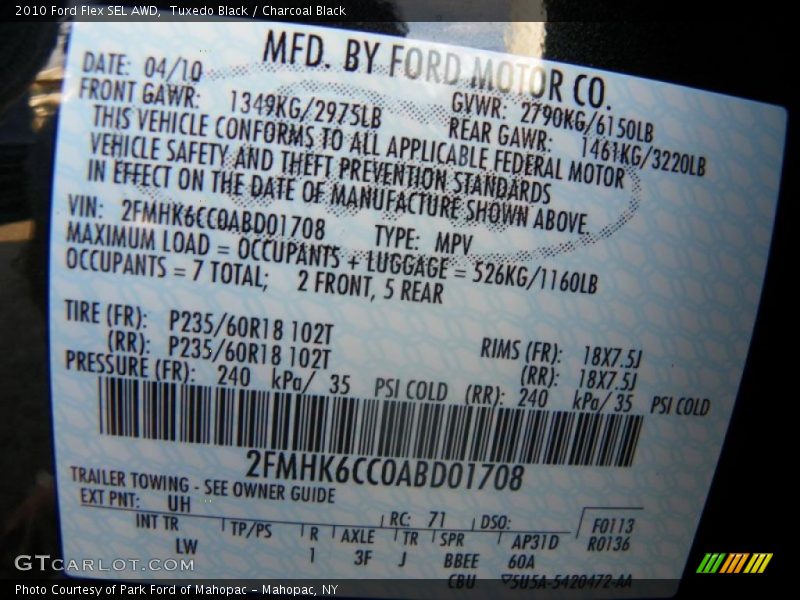 Tuxedo Black / Charcoal Black 2010 Ford Flex SEL AWD