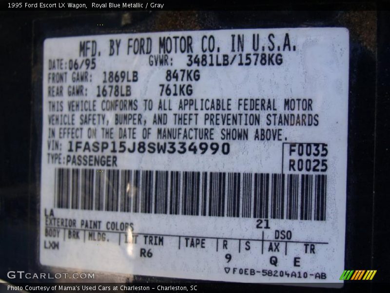 1995 Escort LX Wagon Royal Blue Metallic Color Code LA
