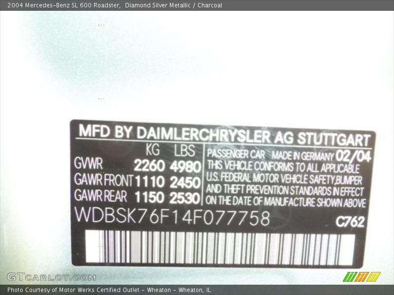 2004 SL 600 Roadster Diamond Silver Metallic Color Code 762