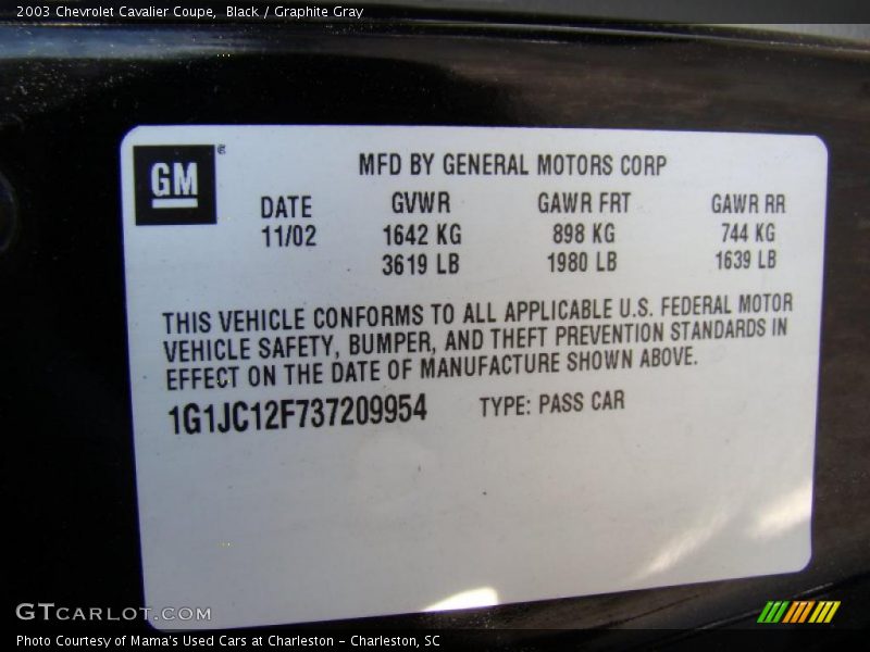 Black / Graphite Gray 2003 Chevrolet Cavalier Coupe