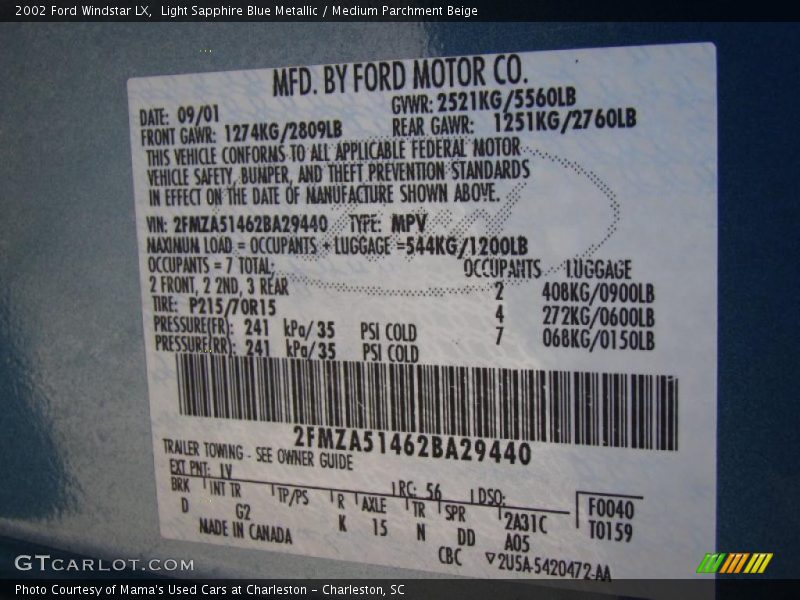 2002 Windstar LX Light Sapphire Blue Metallic Color Code LV